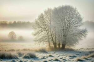 AI generated Tree Stands in Middle of Fog Field photo