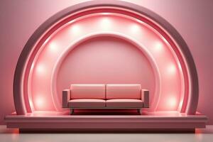 AI generated Pink catwalk, pedestal with arch and sofa. photo