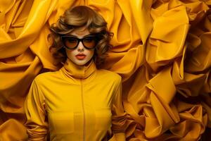 AI generated Photograph of a powerful young lady wearing yellow jacket on yellow background. photo