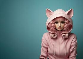 AI generated Beautiful sexy young girl in pink costume, catwoman. photo