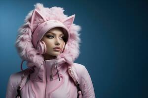 AI generated Beautiful sexy young girl in pink costume, catwoman. photo