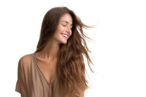 ai genererad naturlig kvinna leende med strömmande hår png