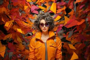 AI generated Photograph of a powerful young lady wearing yellow shirt on yellow background. photo