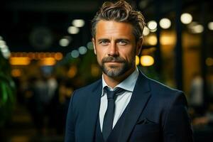 AI generated Handsome man in stylish suit with beard. photo