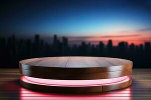 AI generated 3d render of pink neon round podium with wooden floor on dark background. photo