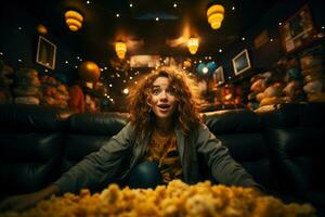AI generated Excited young woman scared shocked or impressed holding a lot of huge bunch of popcorn. Enjoy watching horror movie or thriller in the cinema hall. photo