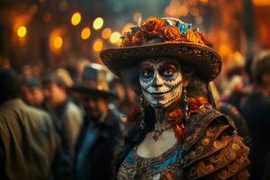 AI generated Close-up of a young woman with makeup at the Day of the Dead celebration. photo