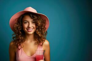 AI generated Portrait of a gorgeous woman wearing a pink hat and holding a cocktail on a blue background. photo