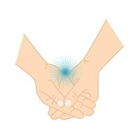 The palms of the hands together supporting the point of light. The concept of energy, magic, faith, healing. Vector illustration isolated on white background