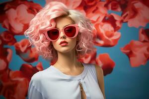 AI generated Portrait of a young beautiful happy girl with pastel pink hair on a blue background. photo