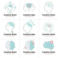 íconos conjunto con el cerebro, humano cabeza. creativo idea, mente, no estándar pensando vector cerebro logo