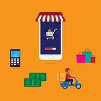 Online shopping outline concept of purchasing process. Smart phone with shopping cart at center. vector