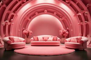 ai generado rosado pasadizo, pedestal con arco y sofá. foto