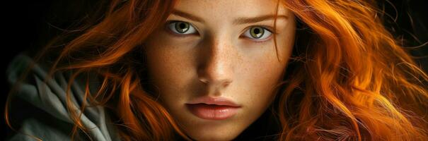 AI generated close up portrait of young red haired woman with freckles photo