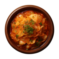 ai gerado uma tigela do coreano comida, chinês repolho Kimchi, topo Visão isolado em uma transparente fundo png