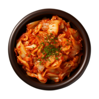 ai generiert ein Schüssel von Koreanisch Essen, Chinesisch Kohl Kimchi, oben Aussicht isoliert auf ein transparent Hintergrund png