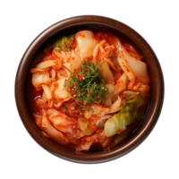 ai généré une bol de coréen nourriture, chinois chou Kimchi, Haut vue isolé sur une transparent Contexte png