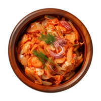 ai generiert ein Schüssel von Koreanisch Essen, Chinesisch Kohl Kimchi, oben Aussicht isoliert auf ein transparent Hintergrund png