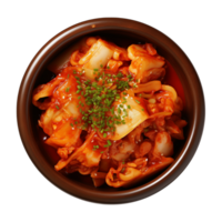 ai gerado uma tigela do coreano comida, chinês repolho Kimchi, topo Visão isolado em uma transparente fundo png