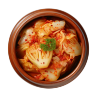 ai gerado uma tigela do coreano comida, chinês repolho Kimchi, topo Visão isolado em uma transparente fundo png