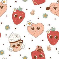 Pink groovy romantic seamless pattern. 1970 retro characters - heart with eyes, strawberry, y2k funky cup of coffee. Hippie Valentines day repeat background. Vector seventies cool wallpaper, fabric