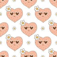 Pink groovy love seamless pattern with romantic hearts in sunglasses and daisies. Cartoon character in 70s retro style for Valentines day, wrap paper, wedding, vector funky repeat background.