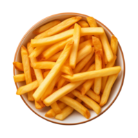 ai généré une bol de français frites isolé sur une transparent arrière-plan, Haut vue png