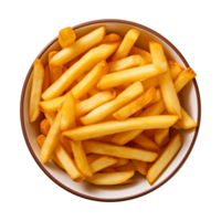 ai généré une bol de français frites isolé sur une transparent arrière-plan, Haut vue png