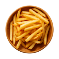 ai généré une bol de français frites isolé sur une transparent arrière-plan, Haut vue png