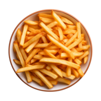 ai généré une bol de français frites isolé sur une transparent arrière-plan, Haut vue png