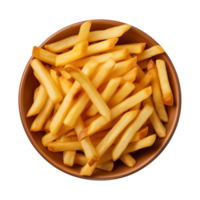 ai généré une bol de français frites isolé sur une transparent arrière-plan, Haut vue png