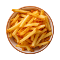 ai généré une bol de français frites isolé sur une transparent arrière-plan, Haut vue png