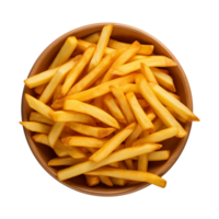 ai généré une bol de français frites isolé sur une transparent arrière-plan, Haut vue png