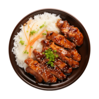 ai généré une assiette de teriyaki poulet avec riz isolé sur une transparent arrière-plan, Haut vue png