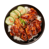 AI generated A plate of teriyaki chicken with rice isolated on a transparent background, top view png