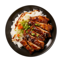 AI generated A plate of teriyaki chicken with rice isolated on a transparent background, top view png