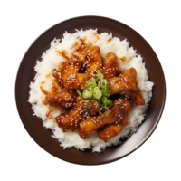 AI generated A plate of teriyaki chicken with rice isolated on a transparent background, top view png