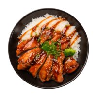 AI generated A plate of teriyaki chicken with rice isolated on a transparent background, top view png