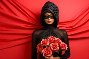 AI generated Young woman in black dress with red rose on red background with space for text. photo