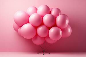 AI generated A generative AI image of pink helium party balloons floating on a pink background photo