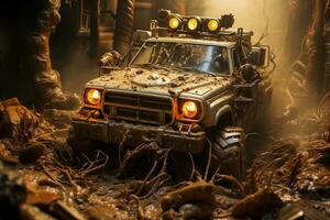 AI generated SUV stuck in mud in a dangerous mud pit. photo