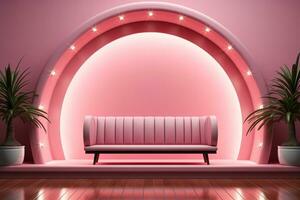 AI generated Pink catwalk, pedestal with arch and sofa. photo