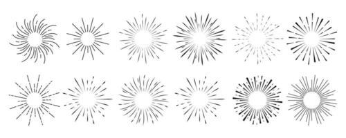 Set Fireworks, rays, sunburst frames circle border decoration, sparkle in doodle style, line sketch explosion isolated on white background. Vector illustration