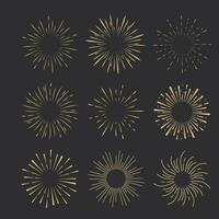 Set golden Fireworks, rays, sunburst frames circle border decoration, sparkle in doodle style, line sketch explosion isolated on dark background. Vector illustration