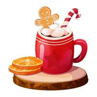 Christmas holiday red mug with hot beverage, marshmallow, gingerbread man on wood tray in cartoon style isolated on white background. Vector illustration