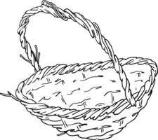 Empty wicker basket. Line graphics for printing coloring pages, vector. Drawing of a basket woven from wooden rods. Rustic style. For printing on dishes, objects and book printing. vector