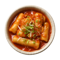 ai gerado uma tigela do coreano comida, tteokbokki isolado em uma transparente fundo, topo Visão png