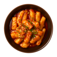 ai generiert ein Schüssel von Koreanisch Essen, tteokbokki isoliert auf ein transparent Hintergrund, oben Aussicht png