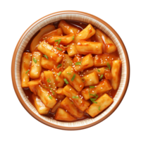 ai generiert ein Schüssel von Koreanisch Essen, tteokbokki isoliert auf ein transparent Hintergrund, oben Aussicht png