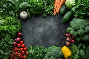 AI generated Symphony of Earthly Colors, A Mesmerizing Ensemble of Nutritious Vegetables on a Lustrous Black Canvas Created With Generative AI Technology photo